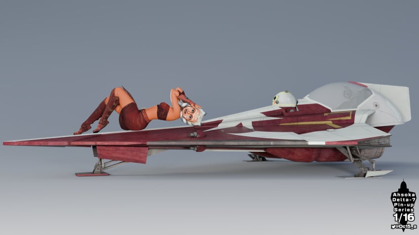 3d ahsoka_tano alien astromech_droid boots clone_wars clothing dark_skin dc15-a female female_only gloves jedi jedi_padawan laying_on_back looking_at_viewer orange_body orange_skin pinup pinup_(style) pinup_girls pinup_pose simple_background skirt solo solo_female spaceship star_wars togruta tubetop twitter_username