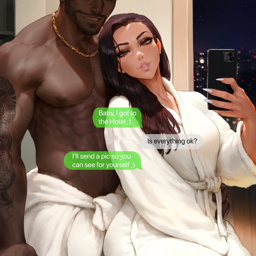 abs ai_generated aipotions bathrobe bedroom brown_hair brunette_hair cheating cheating_(relationship) dark-skinned_male dark_skin gold_chain gold_jewelry imminent_interracial imminent_sex indoors interracial latina leaning_on_person light-skinned_female light_skin long_fingernails long_nails male_chest manicure mirror_selfie muscular_male netorare netorase ntr oc pecs plump_lips posing posing_for_picture smiling_at_viewer text_bubble text_message text_messaging towel_around_waist