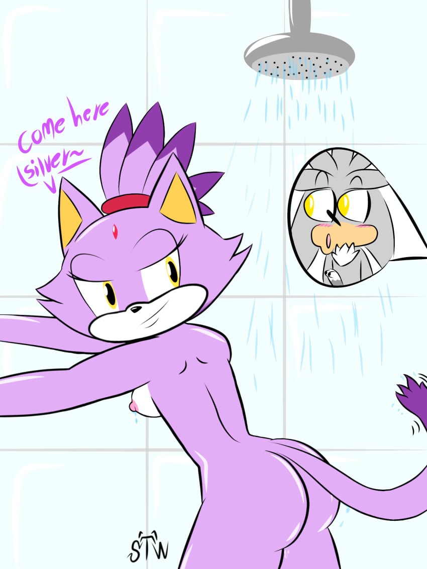 ass back_view blaze_the_cat breasts pogchamp purple_body shower silver_the_hedgehog sonic_(series) text yellow_eyes