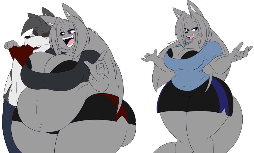 2021 5_fingers alternate_species anthro bbw big_ass big_breasts black_bottomwear black_bra black_clothing black_shorts black_underwear blue_clothing blue_shirt blue_topwear bottomwear bra bra_slip breasts bubble_butt canid canine canis cleavage clothed clothing dewwy(dewwydartz) dewwydarts dewwydartz fat female fingers fur furry grey_body grey_fur grey_hair hair hi_res hourglass_figure huge_ass huge_breasts huge_hips huge_thighs long_hair mammal may_(dewwydarts) may_(dewwydartz) open_mouth overweight pregnant purple_eyes shirt shorts simple_background standing tagme thick_thighs topwear underwear white_background wide_hips wolf