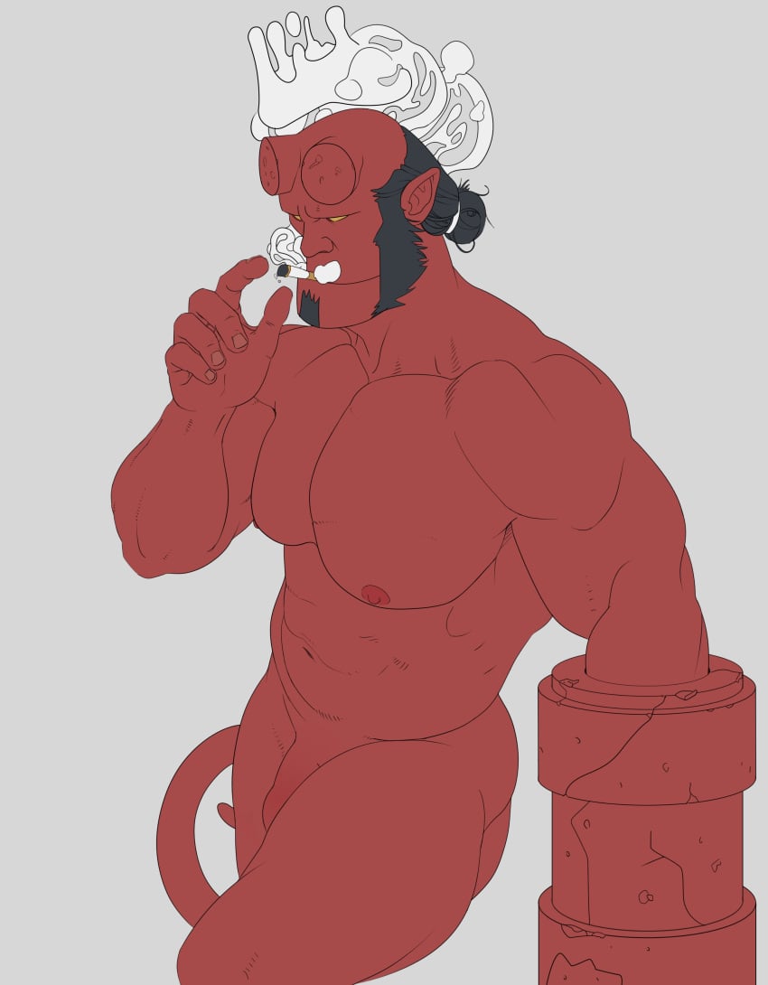 balls bara cigarette demon facial_hair flaccid hellboy hellboy_(series) male male_only muscles muscular nude penis sideburns smagma solo solo_male