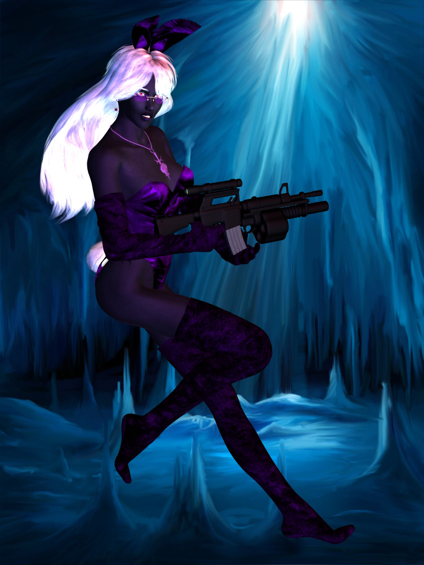 2010 assault_rifle bangs breasts bunnysuit corset dark_elf dated drow eyewear glasses legwear leotard machine_gun necklace pink_eyes purple_skin rabbit_ear red_hair riveda1972 sideboob skimpy skimpy_clothes small_breasts stockings weapon white_hair