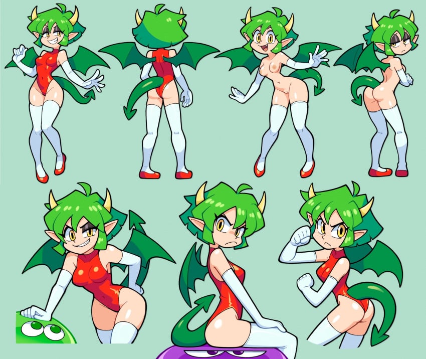 1girls areolae ass breasts draco_centauros dragon_tail dragon_wings female female_only green_hair horns leotard nipples nude pussy puyo_(puyopuyo) puyo_puyo sega shoes small_breasts stealth_brock tail thighhighs wings yellow_eyes