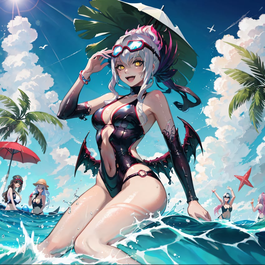 ai_generated bodysuit cute cute_face evelynn pool pool_party smile smiling succubus swimsuit swimwear white_body white_hair yellow_eyes