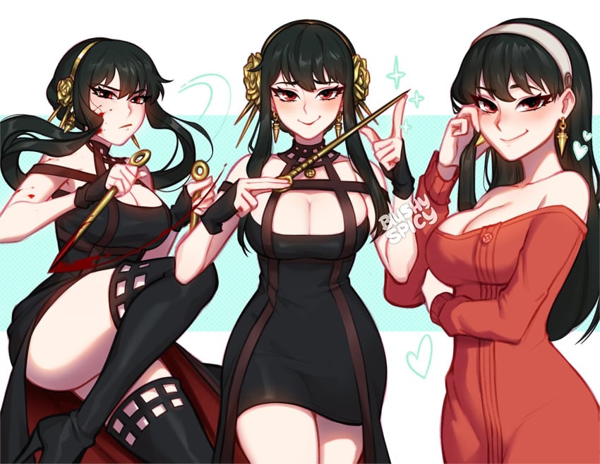 1girls artist_name bare_shoulders big_breasts black_dress black_gloves black_hair blood blush blushyspicy boots breasts buttons commentary dagger dress earrings female fingerless_gloves flower gloves hair_flower hair_ornament hairband hand_in_own_hair heart high_heels holding holding_weapon jewelry knife looking_at_viewer medium_breasts motion_lines multiple_views red_dress red_eyes red_lips smile sparkle spy_x_family thick_thighs thigh_boots thighhighs weapon yor_briar yor_forger