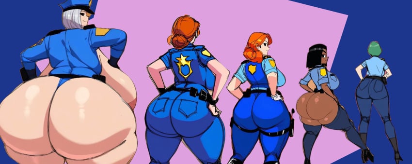 5girls ai_generated ass_size_difference bbw bottom_heavy comparing_asses edited fat_ass group hourglass_figure lined_up lineup multiple_girls oc original_character original_characters pawg pick_your_poison police_uniform policewoman presenting_hindquarters ssbbw ssktch tagme wide_image widescreen