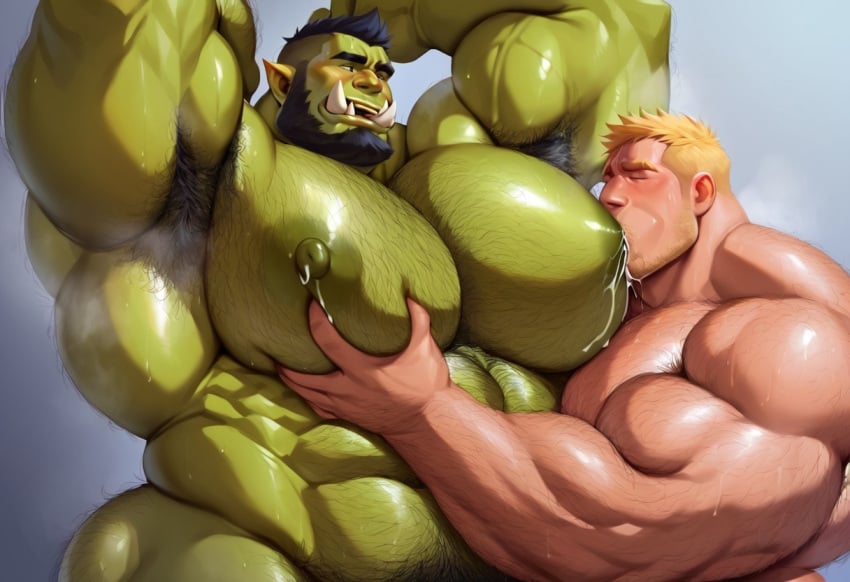 2boys ai ai_generated big_pecs breastfeeding gay human human_male light-skinned_male light_skin male male/male male_lactation male_only muscular muscular_male orc orc_male tessaiisan