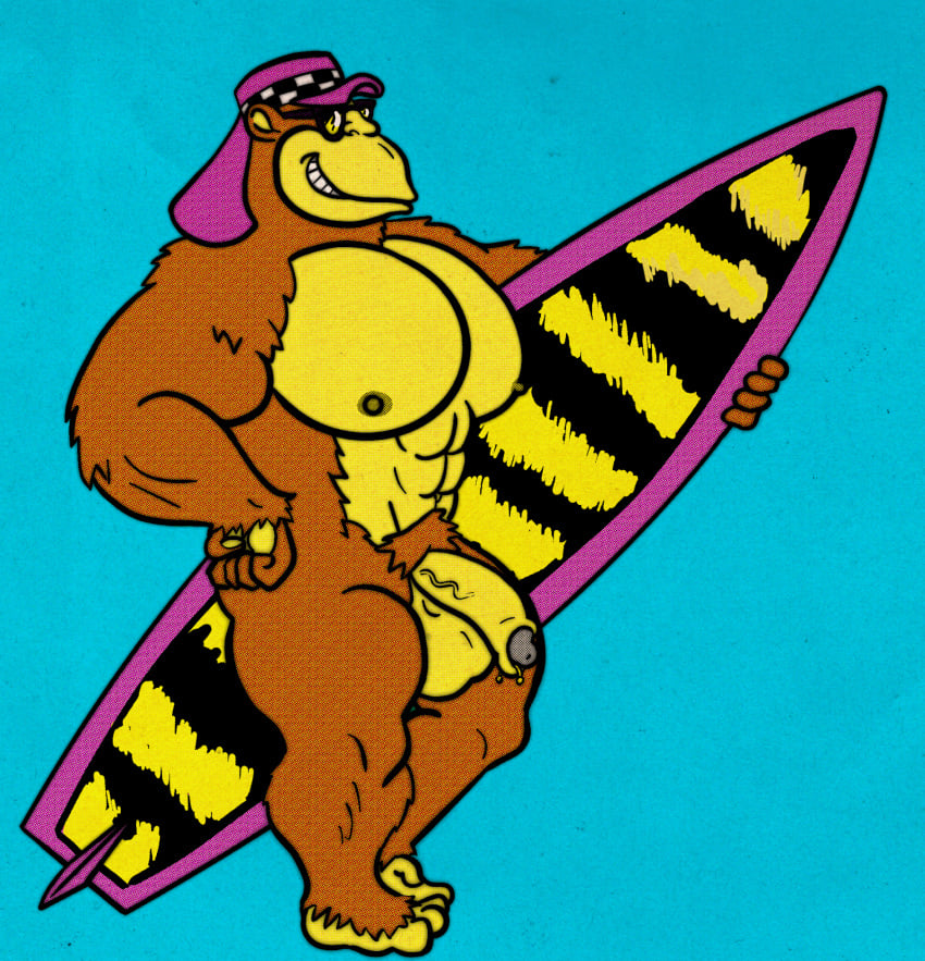 abs ape ass balls breasts brown_fur foreskin gorilla grungebeetle muscle naked pecs penis piercing shades sun_hat surfboard thrilla_gorilla