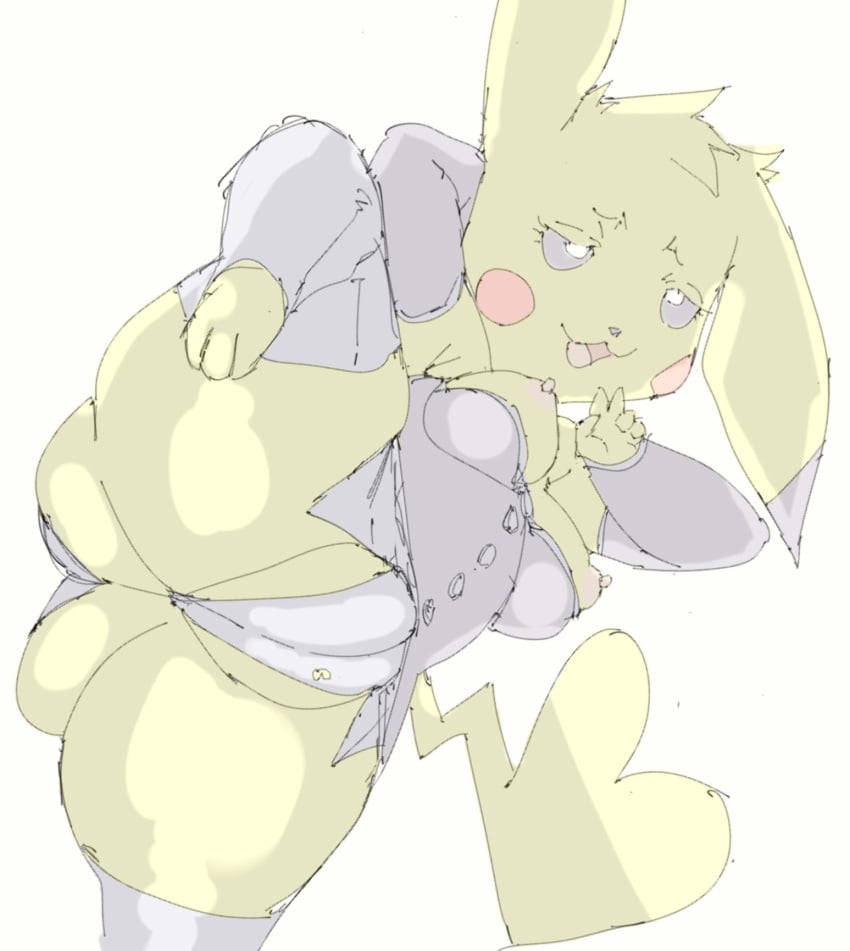 anthro ass belly big_butt bunny_costume butt_focus cameltoe clothing costume female generation_1_pokemon genitals gesture hand_gesture hi_res mammal murid murine nelsi nintendo pikachu plump_labia pokemon pokemon_(species) pose puffy_pussy pussy rodent simple_background slightly_chubby smug solo v_sign