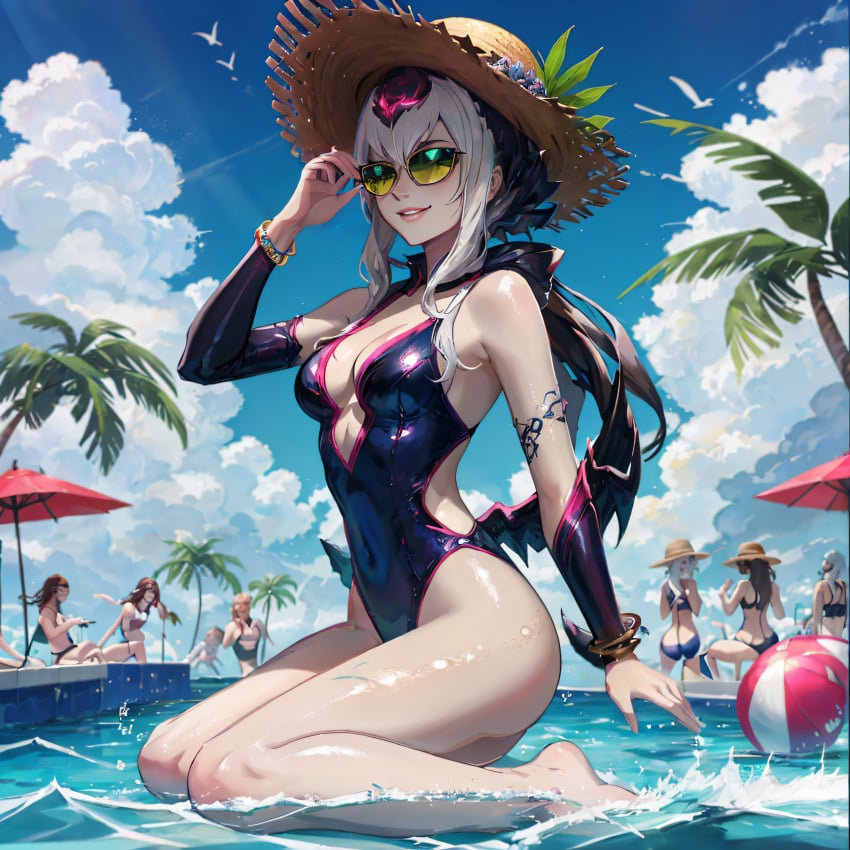 ai_generated bodysuit cute cute_face evelynn pool pool_party smile smiling succubus swimsuit swimwear white_body white_hair yellow_eyes