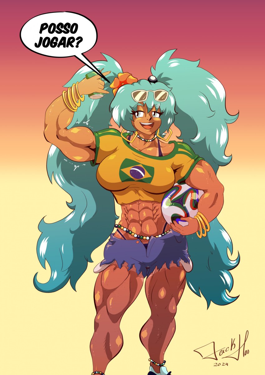 1girls abs aqua_hair beer biceps bikini blue_eyes blue_hair brazil brazilian brazilian_female brazilian_flag brazilian_miku breasts crop_top cyan_hair female female_only football hatsune_miku holding_can jack_hoo_(artist) long_hair looking_at_viewer short_pants solo solo_female solo_focus tan tan-skinned_female tan_body tan_skin thighs thong_bikini twintails unbuttoned_shorts vocaloid yellow_shirt