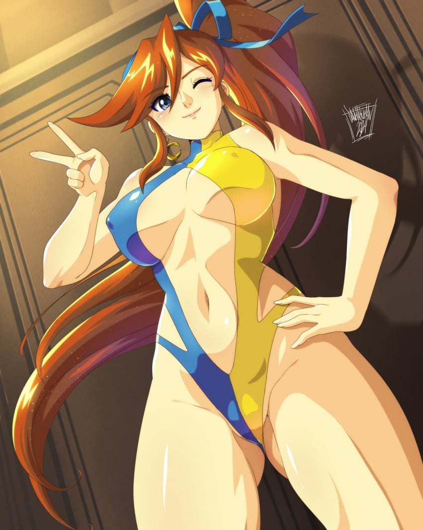 1girls 2024 2d 2d_(artwork) ass ass_visible_through_thighs athena_cykes background belly_button big_breasts blush breasts courtroom danmakuman digital_drawing_(artwork) earring female female_focus female_only ginger ginger_hair gyakuten_saiban gyakuten_saiban hand_on_hip light-skinned_female navel nipple_bulge one-piece_swimsuit one_eye_closed orange_hair side_ponytail smile smiling smiling_at_viewer source swimsuit tagme thick_thighs thighs toned toned_female toned_stomach wink winking_at_viewer