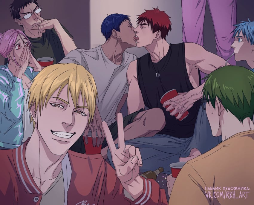 aomine_daiki daiki_aomine drunk_kiss french_kiss french_kissing gay kagami_taiga kise_ryouta kissing kuroko's_basketball kuroko_no_basuke male/male male_focus party picture taiga_kagami