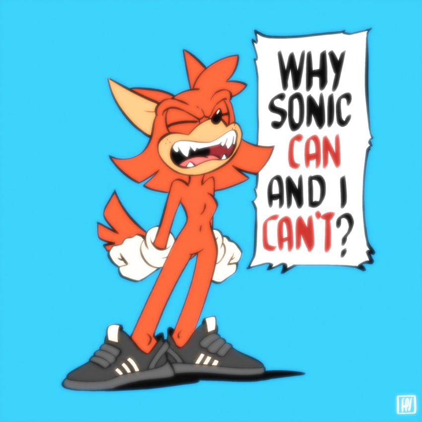 annoyed anthro casual exposed_torso f0xnr0ll featureless_breasts featureless_crotch female footwear fox-pop funny handwear handwear_and_footwear_only needles_the_red_wolf original_character red_wolf sonic_(series) wolf