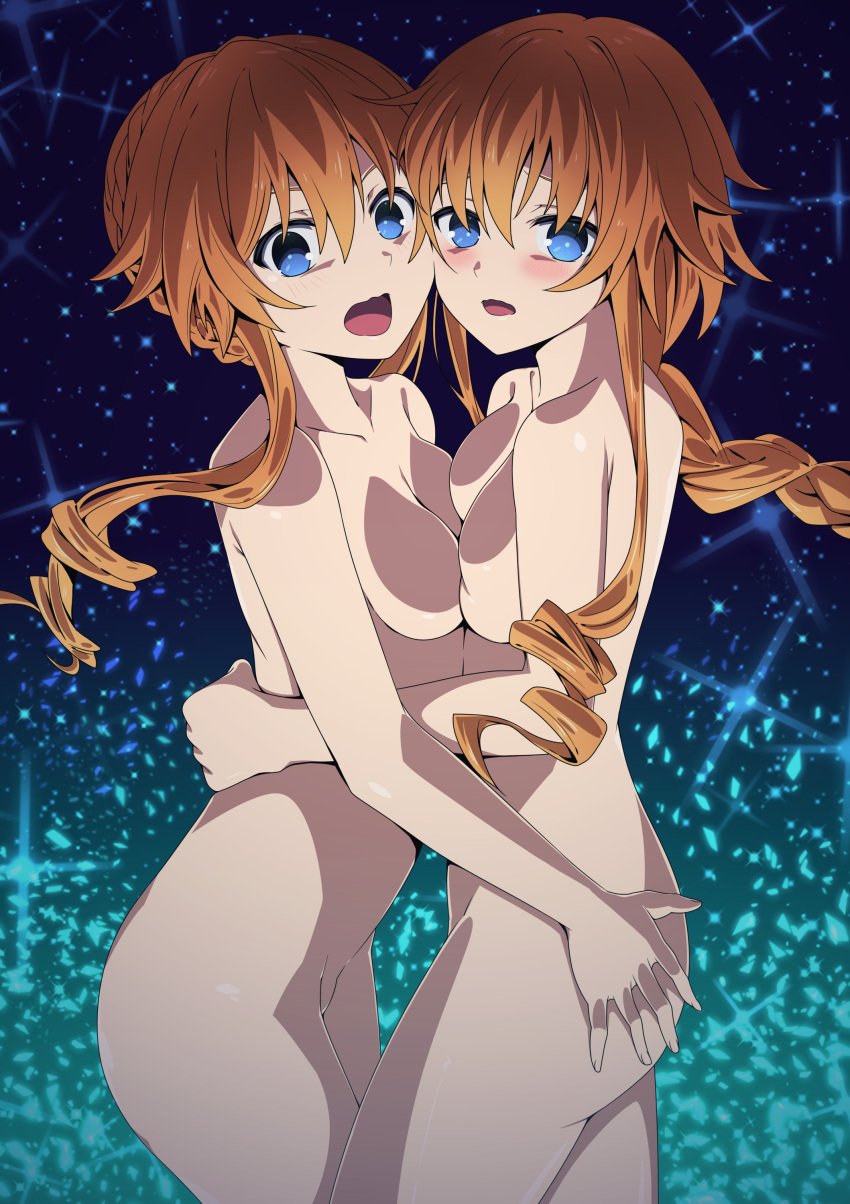 2d 2d_(artwork) 2girls ass blush breasts covered_nipples covering_breasts date_a_live grey_eyes hugging hugging_another light-skinned_female long_hair medium_breasts naked naked_female orange_hair scared thighs twins yamai_kaguya yamai_yuzuru