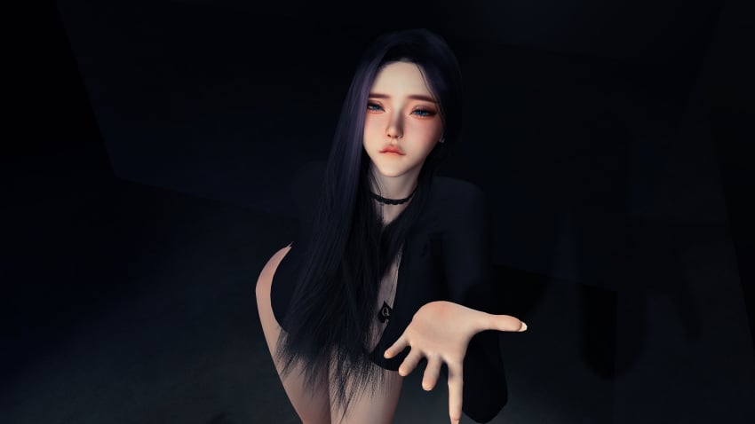 3d 3d_(artwork) aqua_eyes choker crashbanditkut dark_hair earrings eyes hair lipstick long_hair makeup mascara medium_breasts nose_piercing pose queen_of_spades seductive seductive_look shadow shirt smile tattoo tattoo_on_chest virt-a-mate virtamate