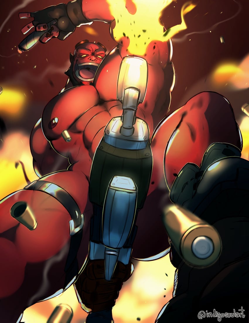 arts_of_indiego bara demon facial_hair guns hellboy hellboy_(series) male male_only muscles muscular nude sideburns solo solo_male