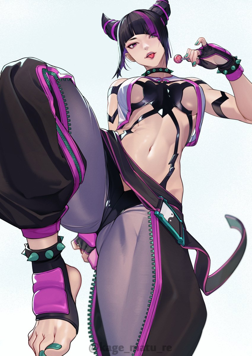 1girls baggy_pants black_hair bracelet breasts candy collar cropped_jacket female female_only fingerless_gloves fit_female from_below gloves green_eyes hair_horns heterochromia highres jewelry juri_han kagematsuri leg_up lollipop looking_at_viewer medium_breasts multicolored_hair pants pink_eyes pink_hair simple_background solo solo_female spiked_collar spikes streaked_hair street_fighter street_fighter_6 tongue_out white_background