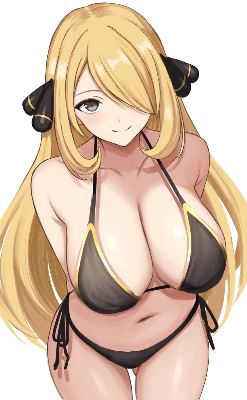 1girls arms_behind_back big_breasts bikini black_bikini blonde_hair breasts closed_mouth collarbone commentary_request cynthia_(pokemon) female hair_ornament hair_over_one_eye highres large_breasts long_hair looking_at_viewer navel pokemon pokemon_dppt side-tie_bikini_bottom simple_background smile solo surippa1010 swimsuit white_background