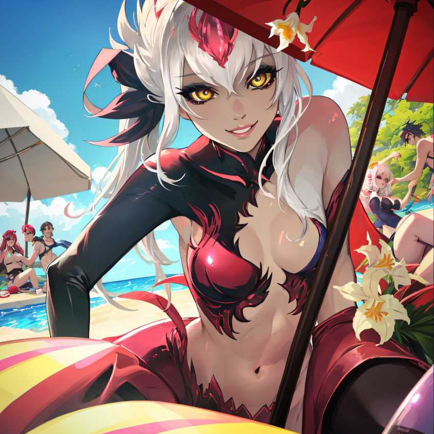 ai_generated bodysuit cute cute_face evelynn pool pool_party smile smiling succubus swimsuit swimwear white_body white_hair yellow_eyes