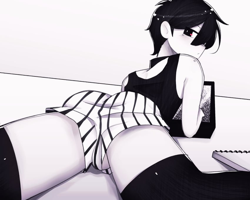 1boy ass ass_focus back_view balls black_eyes black_hair butt butt_focus eyeinfectiion_ femboy girly looking_at_viewer looking_back male male_only omori omoriboy pale-skinned_male pale_skin striped_legwear tagme twink