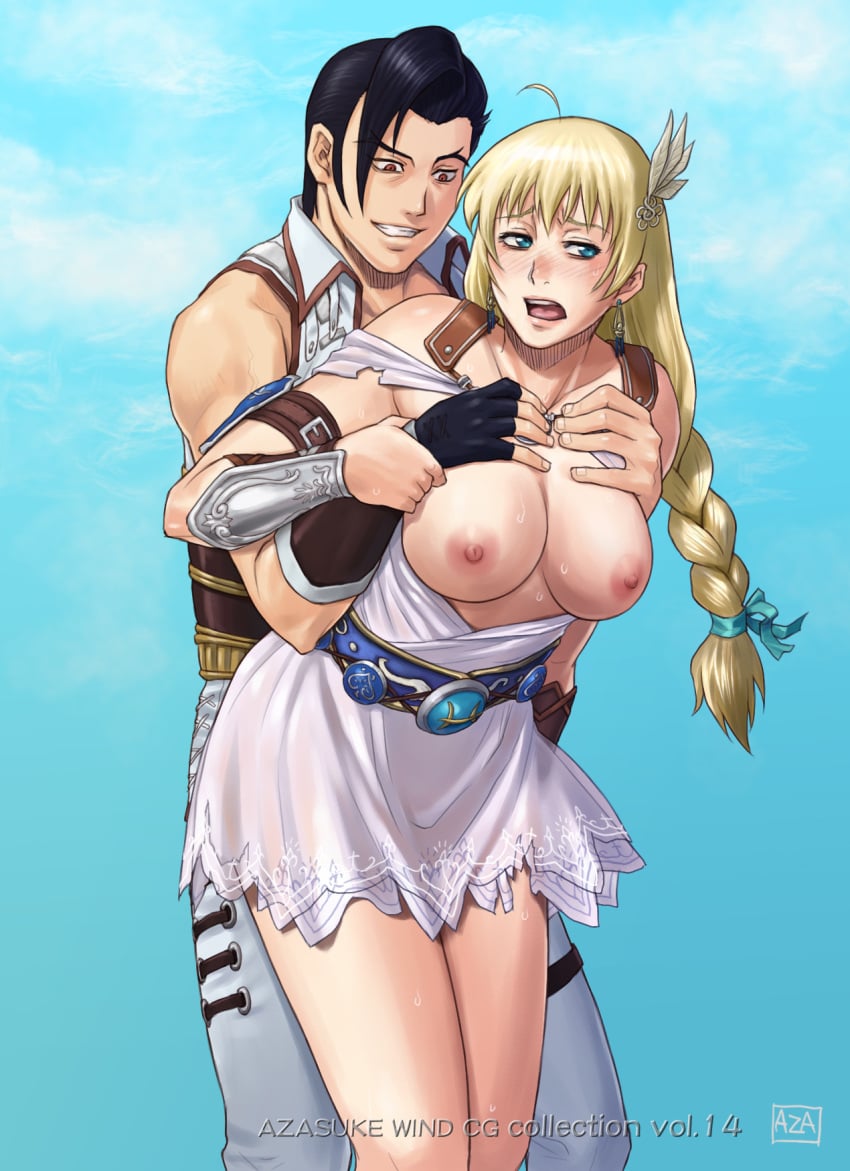 aqua_eyes azasuke belt black_hair blonde_hair blush braid breasts clenched_teeth defeated earrings female fingerless_gloves from_behind green_eyes highres human large_breasts long_hair male maxi_(soul_calibur) milf nipples open_mouth red_eyes short_hair skirt smile sophitia_alexandra soul_calibur standing straight sweat topless