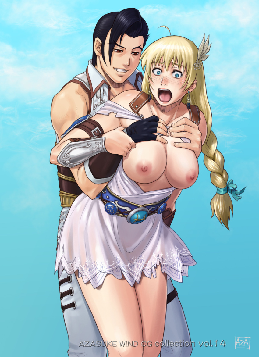 aqua_eyes azasuke belt black_hair blonde_hair blush braid breasts clenched_teeth defeated earrings female fingerless_gloves green_eyes highres human large_breasts long_hair male maxi_(soul_calibur) milf nipples open_mouth red_eyes short_hair skirt smile sophitia_alexandra soul_calibur standing straight sweat topless