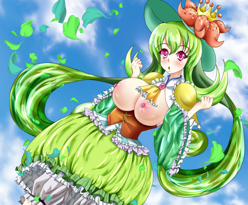 artist_request blush breasts breasts_out cosplay crown dress green_hair hat highres human large_breasts lilligant lilligant_(cosplay) personification pixiv_manga_sample pokemon pokemon_(cosplay) purple_eyes resized shiny_skin yurikuro