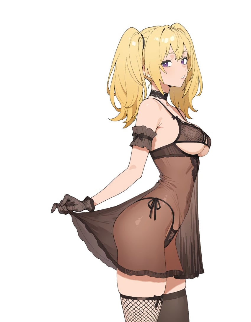 ani_(twitter) big_breasts blue_eyes breasts dress female female_only hachimides lifting_skirt long_hair simple_background solo solo_female thick_ass thick_thighs thighhighs thighs twitter yellow_hair