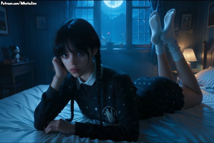 ai_generated goth_girl jenna_ortega patreon patreon_username petite_female the_addams_family twin_braids wednesday_(netflix) wednesday_addams whatajinx