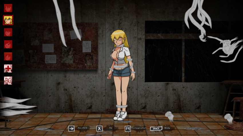 big_breasts blonde_hair cleavage closed_eyes female_only game_cg ghost ghost_hunter_vena long_hair open_shirt restrained rixa_(ghost_hunter_vena) shoes shorts suspended vosmug