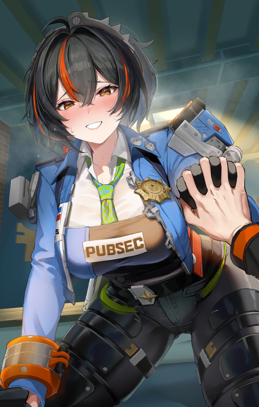 1boy 1girls ass_visible_through_thighs black_gloves black_hair black_pants blue_jacket blush breasts checkered_necktie clenched_teeth commentary_request curvy female gloves green_necktie hairband high-waist_pants highres holding_hands hominamia indoors jacket large_breasts looking_at_viewer metal_hairband multicolored_hair necktie nose_blush pants police police_badge police_uniform policewoman raised_eyebrows red_eyes red_hair see-through_clothes see-through_shirt shirt steaming_body streaked_hair teeth thick_thighs thighs white_shirt wise_(zenless_zone_zero) zenless_zone_zero zhu_yuan