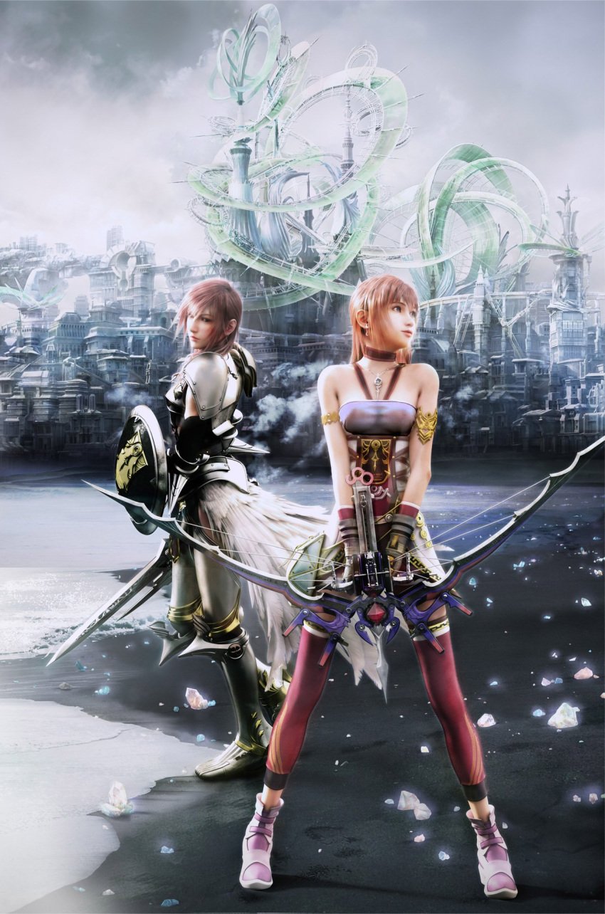 2girls 3d armor bow_(weapon) breastplate building city_scape crossbow earrings eclair_farron feathers female female_only final_fantasy final_fantasy_xiii final_fantasy_xiii-2 highres human jewelry long_hair multiple_females necklace nude nude_filter official_art pink_hair serah_farron shield siblings sisters skyline sword weapon