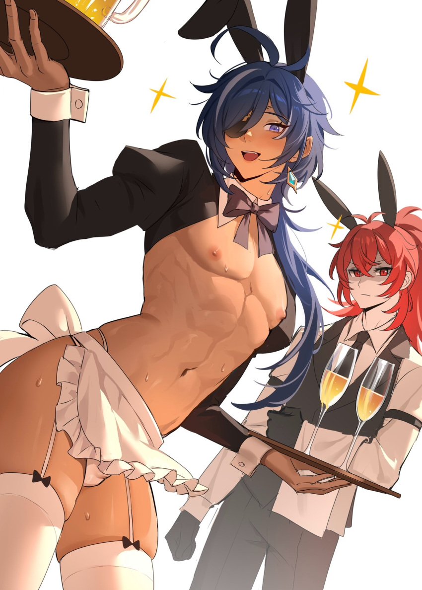 adoptive_siblings barely_clothed blue_hair bunny_boy bunny_ears bunnysuit diluc_(genshin_impact) exposed_nipples femboy gay gay_male genshin_impact half-dressed incest jealous jealous_male kaeya_(genshin_impact) looking_at_viewer male male_focus male_only serving_tray small_waist smiling_at_viewer sworn_brothers tan_body tan_skin thick_thighs