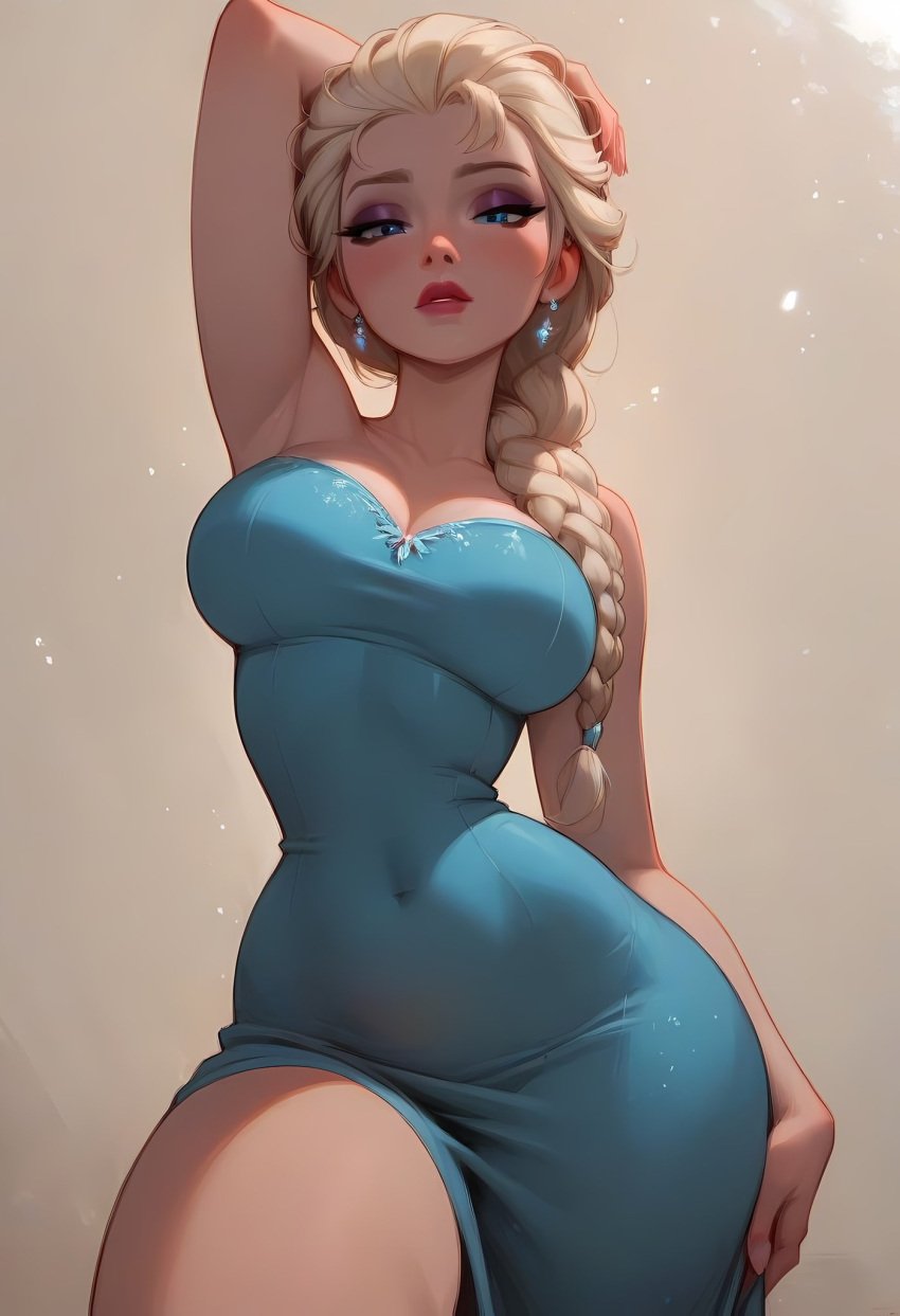 1girls bare_arms bare_legs bare_shoulders bare_thighs big_breasts blue_eyes blush clothed clothing color disney dress elsa_(frozen) female female_focus female_only frozen_(film) golddragonai hi_res large_breasts light-skinned_female light_skin lipstick long_hair looking_at_viewer makeup princess solo solo_female tagme thick_thighs white_hair