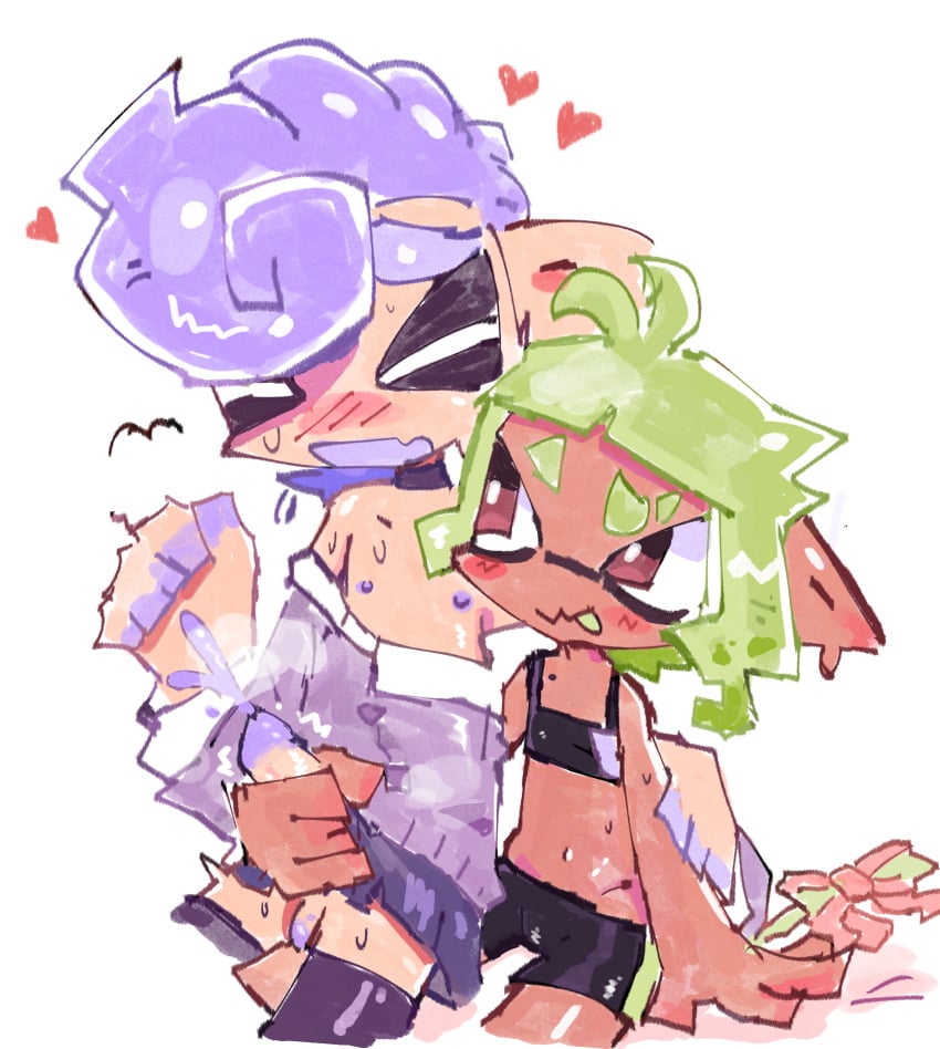 1boy 1girls ahoge bike_shorts blush choker couple cum cumming cute dominant_female emems666 femboy femboy_on_female femboysub flat_chest green_hair heart inkling inkling_girl interspecies masturbation mole nintendo octoling octoling_boy purple_hair school_uniform skirt spats splatoon splatoon_3 sports_bra submissive_male sweating thighhighs wholesome