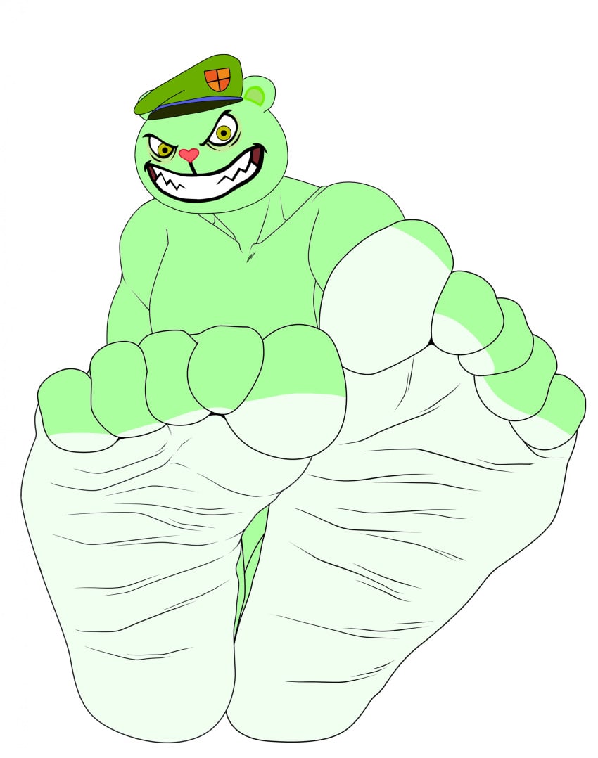 5_toes anthro bear beret cyborg-steve edit evil fangs feet feet_focus feet_together flippy_(htf) fliqpy fliqpy_(htf) foot_fetish foot_focus foot_tease furry green_eyes green_fur grin happy_tree_friends hat headwear male mammal mondo_media presenting_feet presenting_soles simple_background sitting soles teasing teasing_with_feet toes