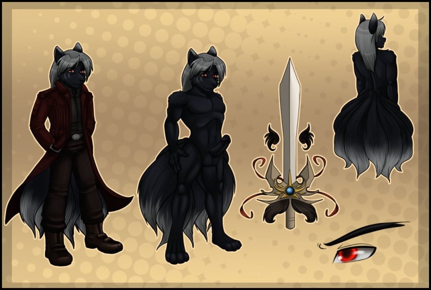 anthro balls canine clothing coat fox fur furry kitsune male model_sheet multiple_tails nude penis sword tail tamati warrior weapon