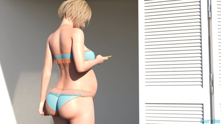 1girls 3d ashley_graham ass back_view belly big_belly blonde_hair breasts durabo female necklace pregnant resident_evil solo swimsuit