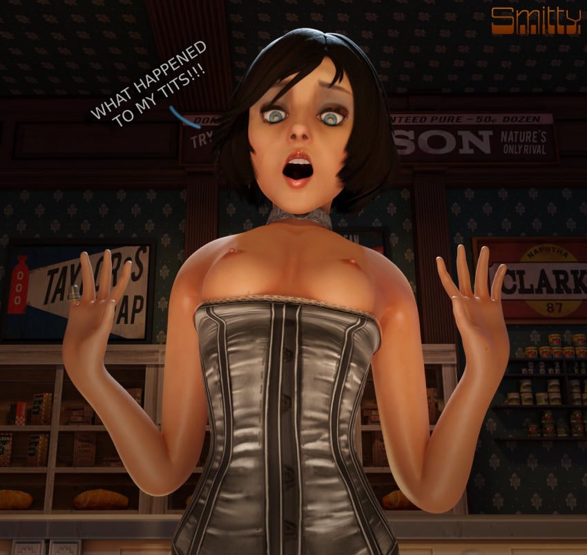 3d areolae bare_shoulders bioshock bioshock_infinite blue_eyes breasts breasts_out brown_hair busty corset elizabeth_comstock female female_focus female_only hourglass_figure nipples short_hair small_breasts smitty34 tagme wardrobe_malfunction