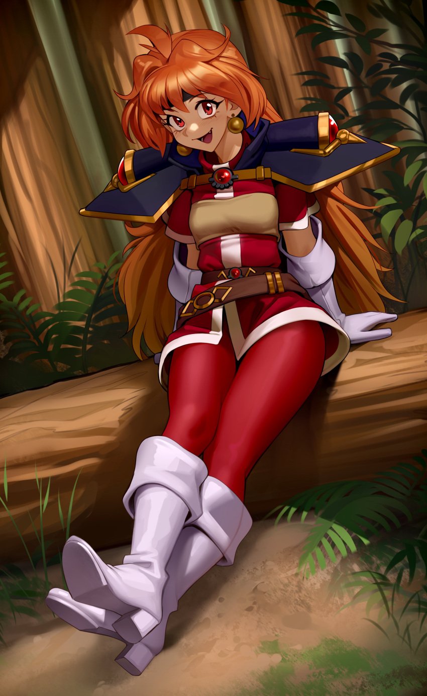 1girls bandana bangs earrings female female_only full_body hi_res highres kairuhentai kairunoburogu light-skinned_female light_skin lina_inverse long_hair looking_at_viewer oerba_yun_fang open_mouth orange_hair outdoors red_eyes sitting slayers smile solo solo_female thick_thighs very_high_resolution