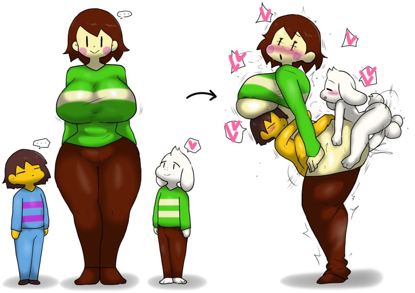 1girls 2boys asriel big_breasts blush chara chara_(undertale) dreemurr enigi09 frisk frisk_(undertale) goat heart sex sex_from_behind size_difference tagme undertale undertale_(series) white_body yellow_body