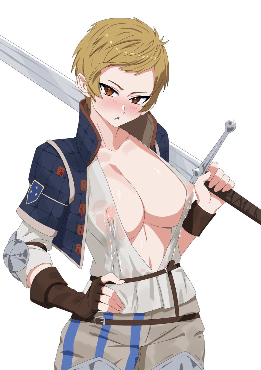 blonde_hair breasts female lactating lactation light-skinned_female looking_at_viewer milf milking nipples nipples_visible_through_clothing oppaihobby short_hair solo sword the_witcher_(series) the_witcher_3:_wild_hunt ves