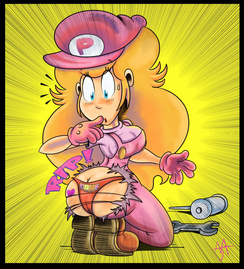 1girls ajspillz ass butt_crack embarrassed embarrassed_underwear_female female mario_(series) orange_underwear panties princess_peach ripped_pants wardrobe_malfunction