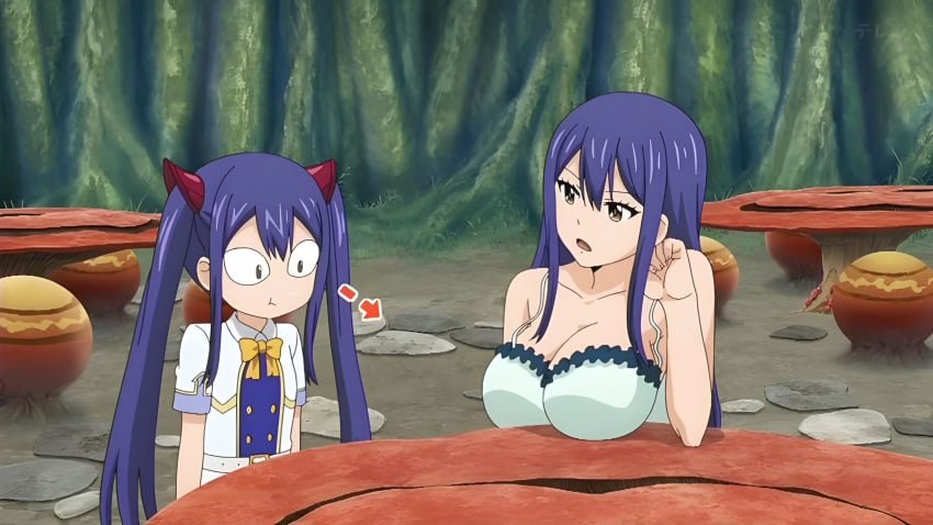 2girls anime blue_hair fairy_tail female female_only huge_breasts multiple_girls small_breasts wendy_(edolas) wendy_marvell