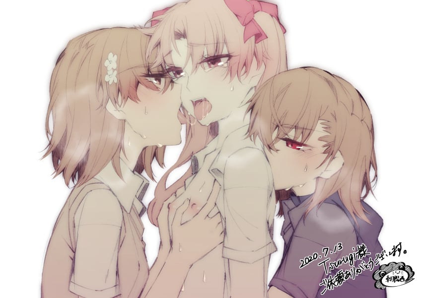 2girls 3girls absurdres artist_logo blush bow breasts brown_eyes brown_hair character_request collared_shirt commentary_request flower french_kiss groping group_sex hair_flower hair_ornament hair_ribbon hairbow higashizukihi_sei highres kissing kissing_shoulder logo long_hair looking_at_another misaka_mikoto multiple_girls nipples no_bra open_clothes open_mouth red_bow red_eyes red_ribbon ribbon saliva school_uniform shirai_kuroko shirt short_hair short_sleeves simple_background small_breasts steam sweat sweater_vest threesome toaru_kagaku_no_railgun toaru_majutsu_no_index tokiwadai_school_uniform tongue tongue_out twintails upper_body white_background white_shirt yuri