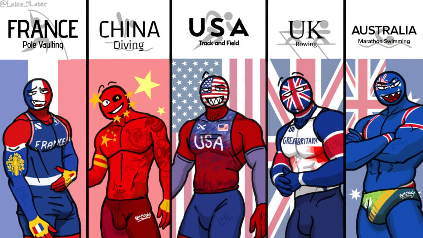 australia_(countryhumans) china_(countryhumans) countryhumans france_(countryhumans) latte_4later male male_focus male_only sharp_teeth sports_uniform sportswear swimsuit swimwear united_kingdom_(countryhumans) united_states_of_america_(countryhumans)