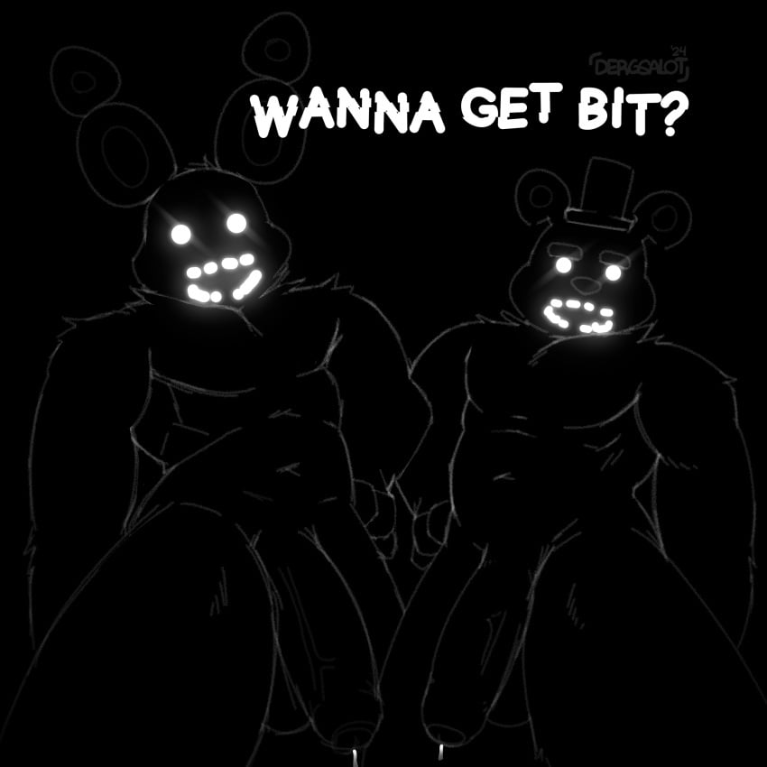 anthro bear black_body dergsalot duo genitals glowing glowing_eyes hand_on_hip hi_res humanoid_genitalia humanoid_penis lagomorph leporid looking_at_viewer looking_down low-angle_view male male/male mammal muscular muscular_anthro muscular_male pecs penis rabbit shadow_bonnie_(fnaf) shadow_creature shadow_freddy_(fnaf)