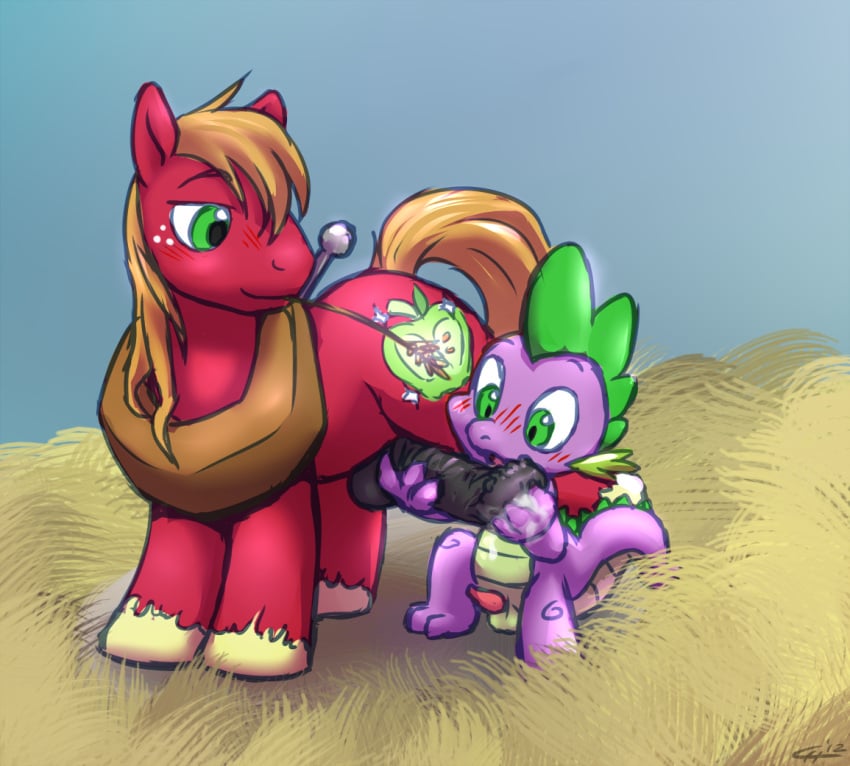 2012 balls big_macintosh_(mlp) blonde_hair blush cobalthusky cum cutie_mark dragon friendship_is_magic gay green_eyes hair hay hooves horsecock male my_little_pony penis purple_body red_body smooth_skin spike_(mlp) spines