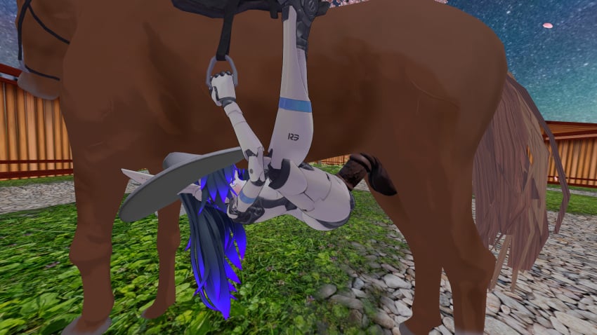 ahe_gao blue_hair cowboy_hat female horse horsecock penetration robot_girl robot_joints robot_pussy runa runa_(vrchat) upside_down_sex zoophilia